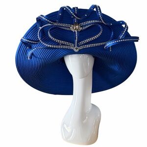 Donna Vinci Couture 22” Royal Blue Wide Brim Hat w/ Rhinestones
